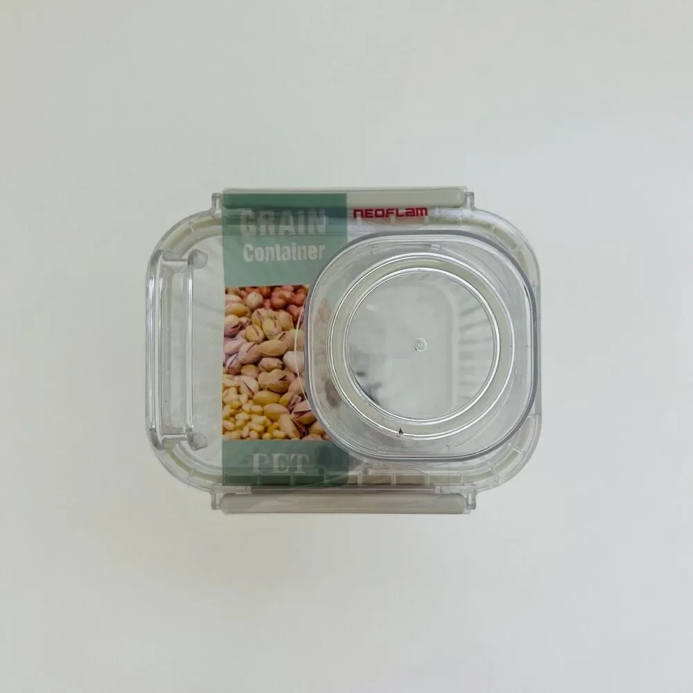 NEOFLAM Clear Plastic Grain Canister Storage Container W Measuring Cup Lid- 1.3L
